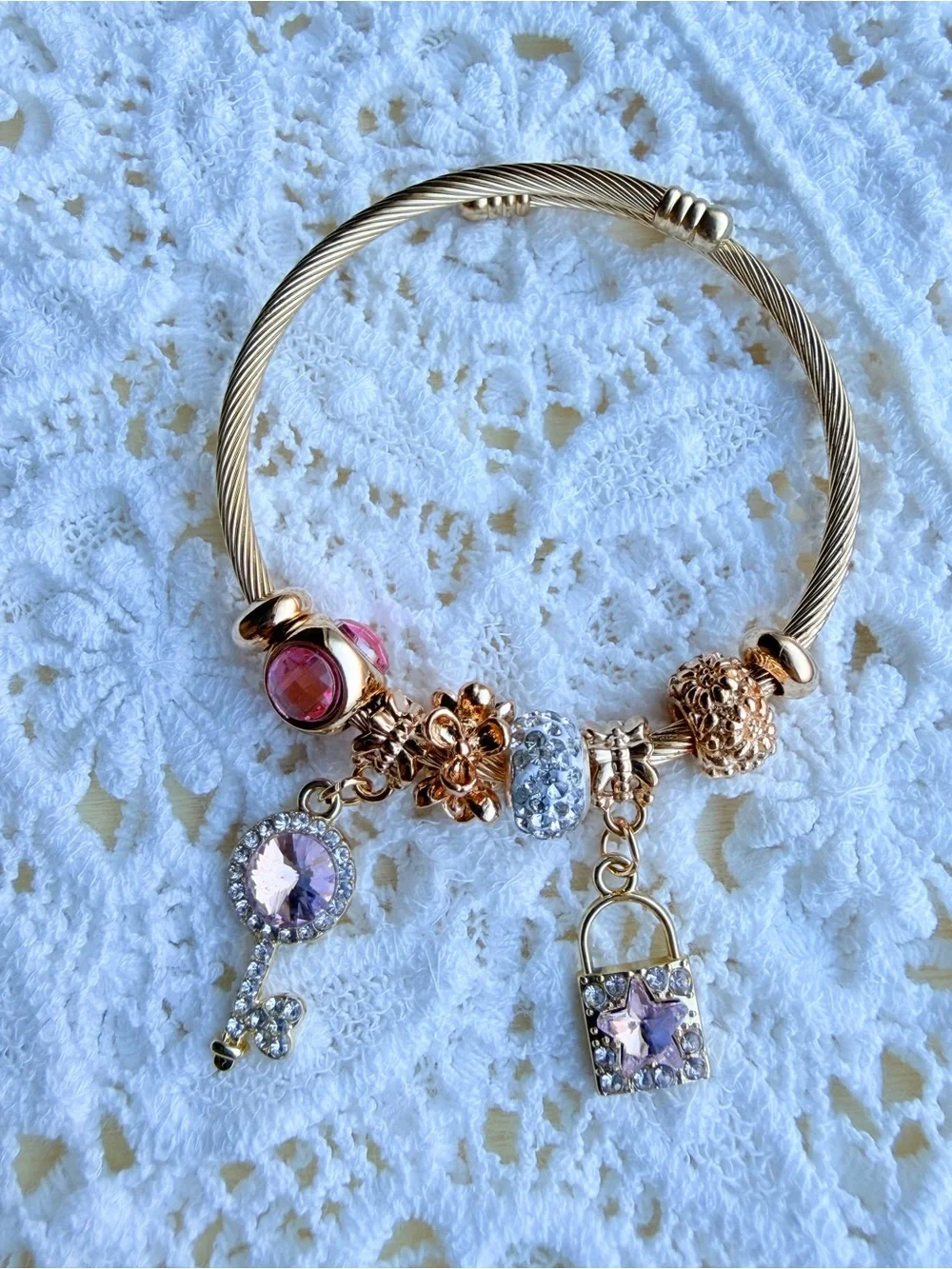 New! Gold Bracelet with Pink and Clear Crystal Charms